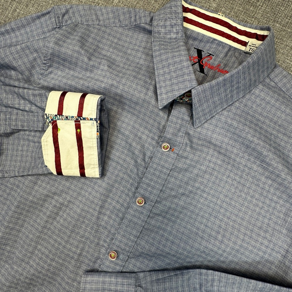 Robert‎ Graham Shirt Mens XL Blue Tailored Fit Micro Check Long Sleeve Flip Cuff